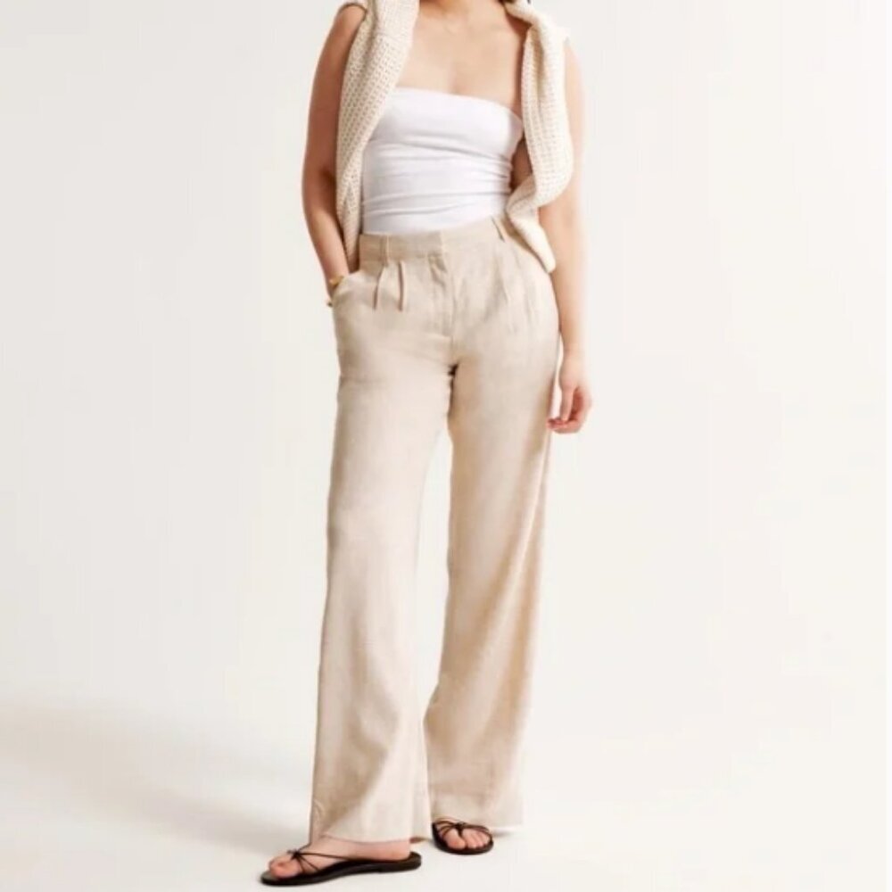 Abercrombie & Fitch High Rise Linen Blend Wide Leg Cream/Tan Pants Size 26 Long